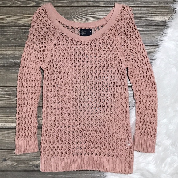 American Eagle | Open Knit 3/4 Sleeve Pink Sweater - Picture 2 of 6